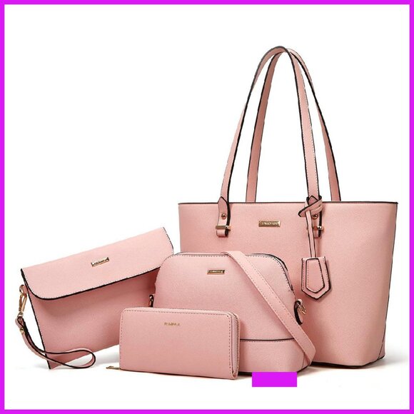 Handbags - Synthetic Leather Satchel Tote Set 4pc Elegant Minimal Chic Everyday Carry